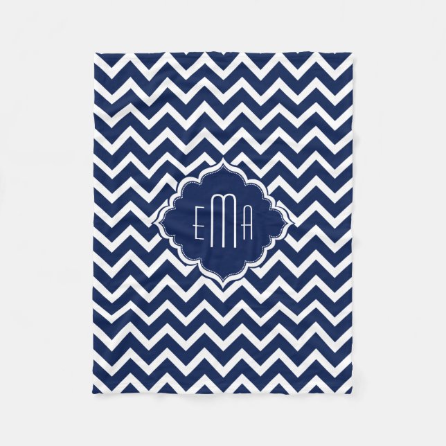 Cobertor De Velo Chevron Geométrico Zigzag Branco e Azul Monograma (Frente)