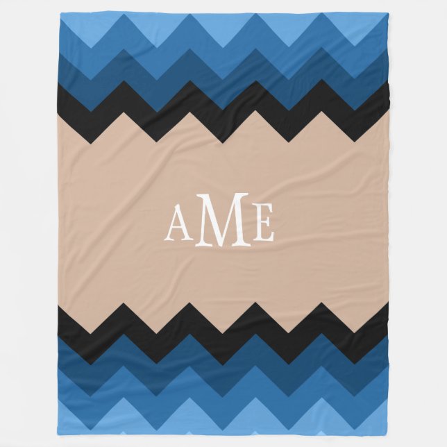 Cobertor De Velo Chevrons de Ombre Azul Monograma Fleece Blanket (Frente)