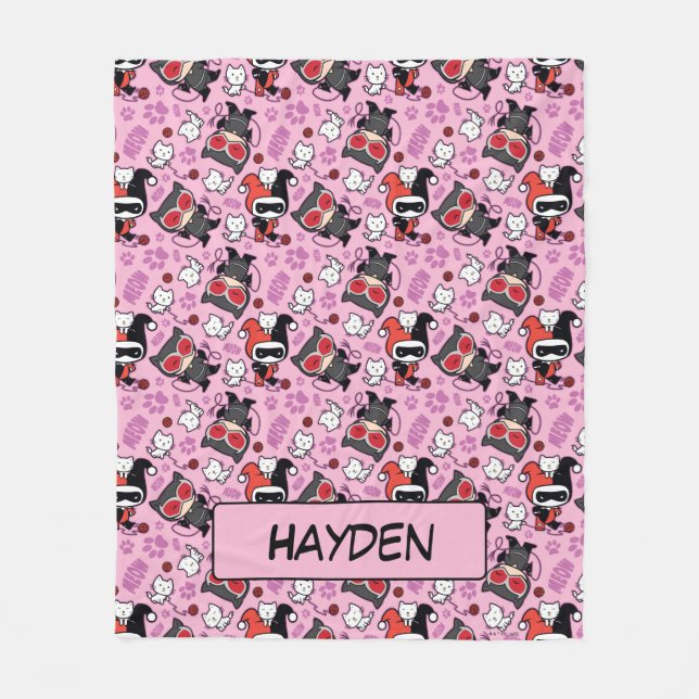 Cobertor De Velo Chibi Catman, Harley Quinn, e Padrão Kittens (Frente)