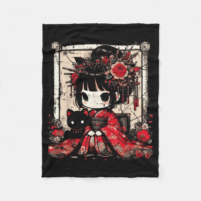 Cobertor De Velo Chibi Kimono Girl Black Cat Flowers Japanese Art W (Frente)