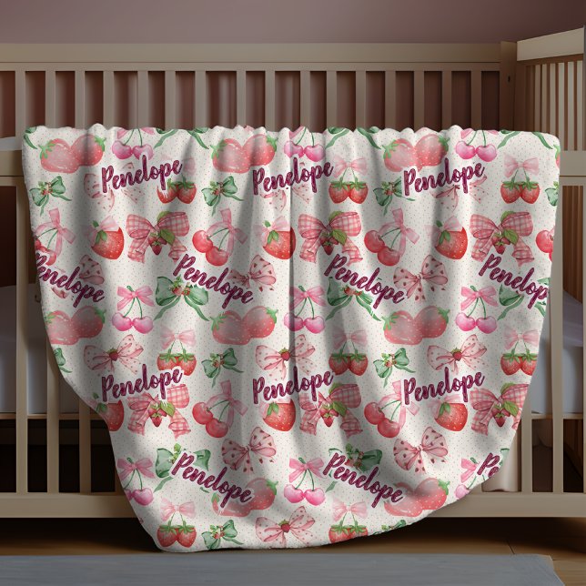 Cobertor De Velo chic strawberries coquette bow repeating name pink (Criador carregado)