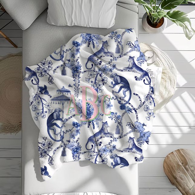 Cobertor De Velo Chinoiserie Jungle Toile | Monograma Azul e Branco (Criador carregado)