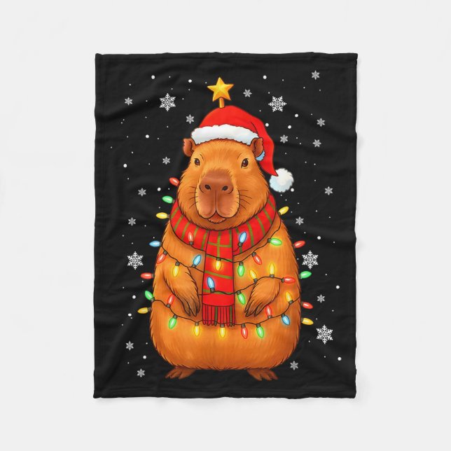 Cobertor De Velo Christmas Capybara With Santa Hat Xmas Lights Tree (Frente)