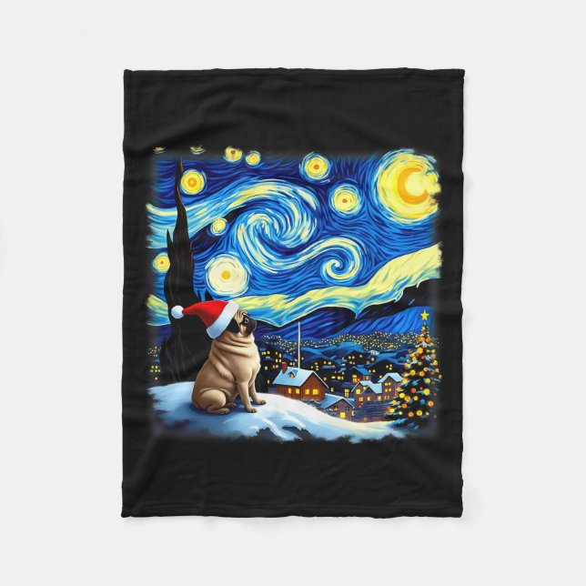 Cobertor De Velo Christmas Pug Starry Night  (Frente)