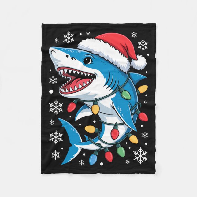 Cobertor De Velo Christmas Shark Santa Hat Wrapped Lights Holiday S (Frente)