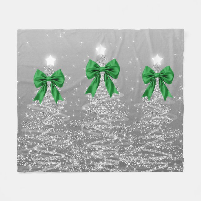 Cobertor De Velo Christmas Sparkling Trees Silver Faux Green Bow  (Frente (Horizontal))