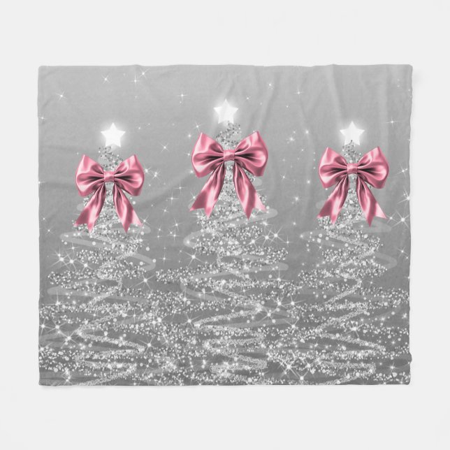 Cobertor De Velo Christmas Sparkling Trees Silver Faux Pink Bow  (Frente (Horizontal))