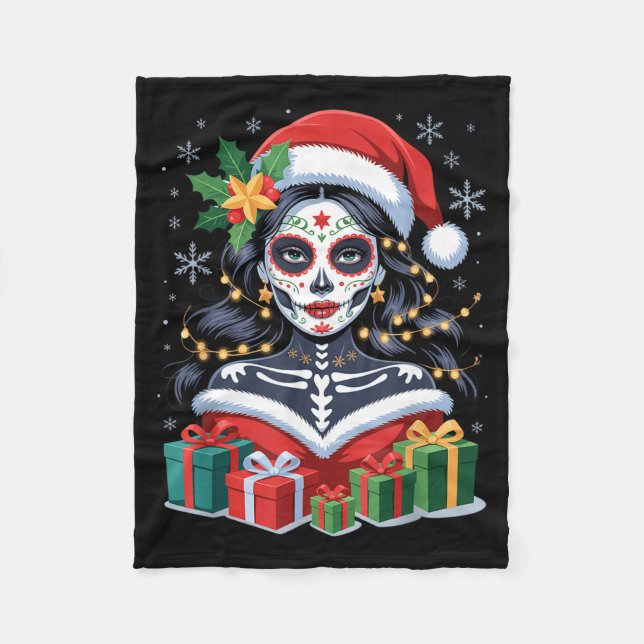 Cobertor De Velo Christmas Sugar Skull Art Woman Santa Hat Festive  (Frente)