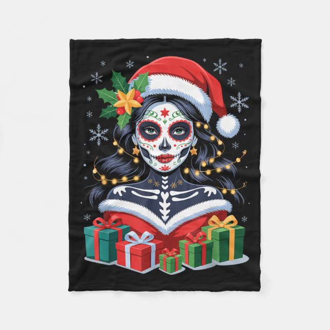 Cobertor De Velo Christmas Sugar Skull Art Woman Santa Hat Festive  (Frente)