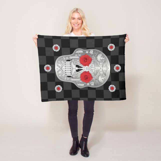 Cobertor De Velo Chrome Calavera (Rosa vermelha) Fleece Blanket (In Situ)