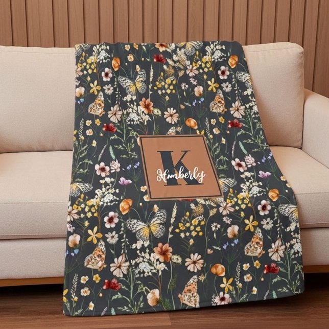Cobertor De Velo Cinza Carvão Boho Floral Monogramado (Criador carregado)