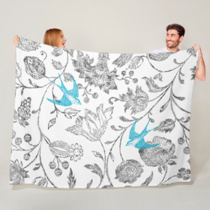 Cobertor De Velo Cinza Floral Vintage Azul Aqua Azul Teal  Aves Vin
