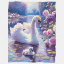 Cisne branco e Cygnet com Rosas roxos