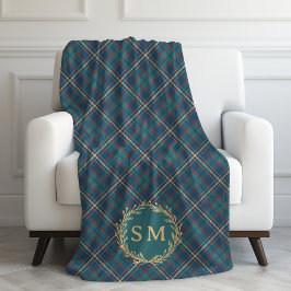 Cobertor De Velo Classic Monogram Gold Wreath Green Tartan Plaid
