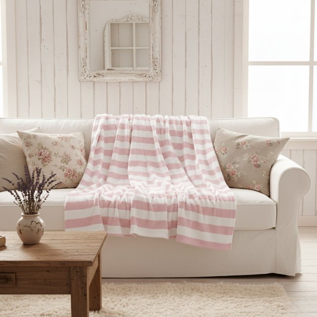 Cobertor De Velo Clássico Elegante Bebê Rosa e Listras Brancas (Classically Stylish Baby Pink and White Striped Fleece Blanket)