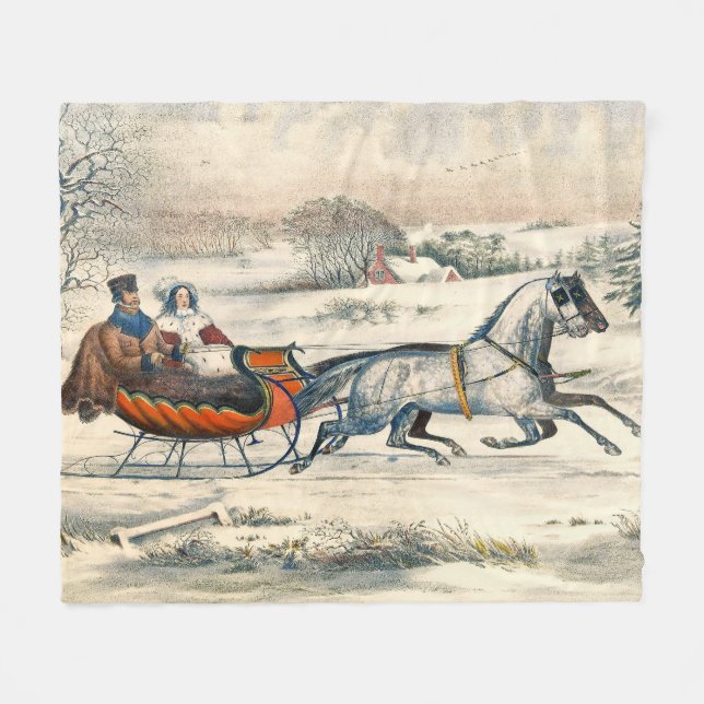 Cobertor De Velo Clássico Passeio de Trenó de 1853 Currier Ives Est (Frente (Horizontal))