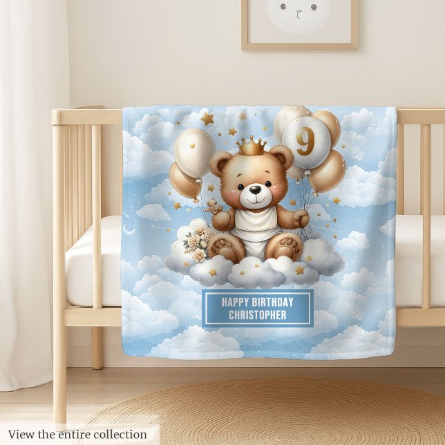 Cobertor De Velo Cobertura de ursinho de ouro azul personalizada 9º (Blue gold teddy blanket personalized 9th birthday)