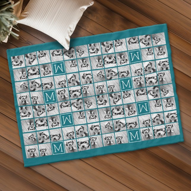 Cobertor De Velo Colagem de 11 imagens com azul monograma personali (Custom Fleece Blanket - Add Photos and Text)