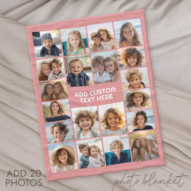 Cobertor De Velo Colagem de 20 Fotos com Texto Branco na Vertical (Photo Blanket - Fleece)