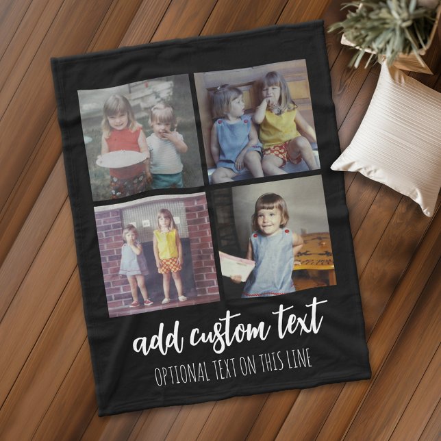 Cobertor De Velo Colagem de 4 Fotos - 2 Linhas de Texto - Pode Edit (Personalized fleece blanket with 4 photos and a monogram)