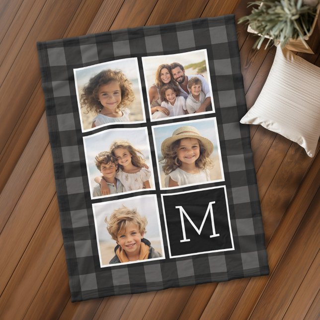 Cobertor De Velo Colagem de Fotografias - Cinza Monograma Xadrez Ne (Personalized fleece blanket with 5 photos and a monogram)