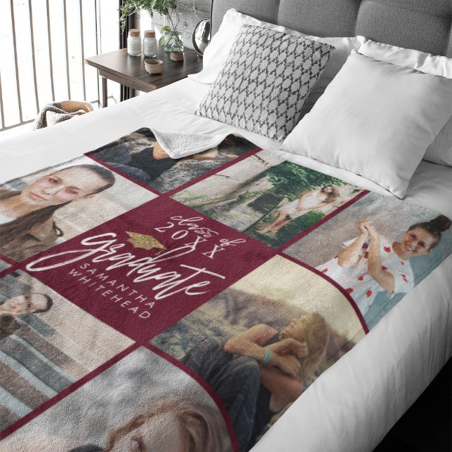 Cobertor De Velo Colagem de Fotografias do formando Dourada Glitter (Celebrate your graduate's milestone with our cozy, custom fleece blanket. )