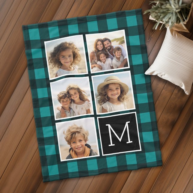 Cobertor De Velo Colagem de Fotografias - Xadrez Negra-Teal Monogra (Personalized fleece blanket with 5 photos and a monogram)