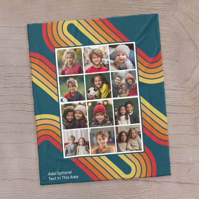 Cobertor De Velo Colagem de Fotos 12 com faixas inspiradas na versã (12 photo personalized fleece blanket with a message and retro stripes)