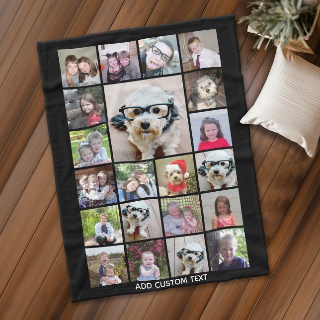 Cobertor De Velo Colagem de Fotos 21 - Grade com Texto Adicional -  (Personalized fleece blanket with 21 photos and a monogram)