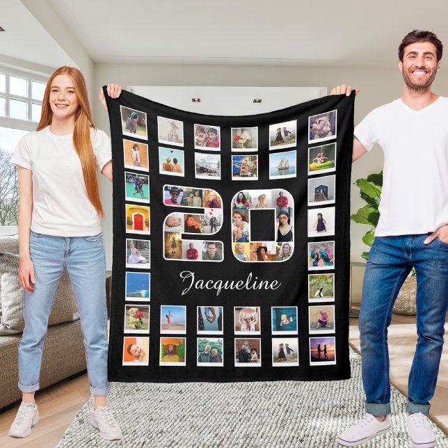 Cobertor De Velo Colagem de Fotos da Família de Aniversário do 20 4 (Personalized 20th birthday fleece photo blanket collage held up by 2 people)
