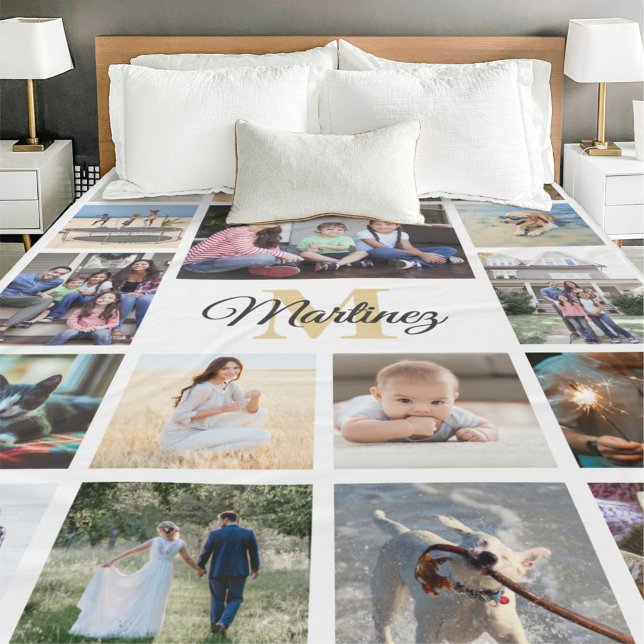 Cobertor De Velo Colagem de Fotos da Família Dourada, branco preto, (Criador carregado)