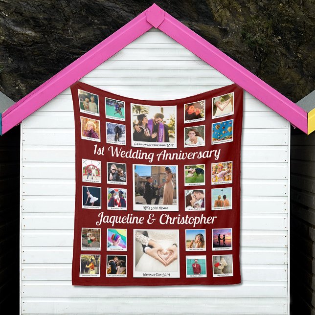 Cobertor De Velo Colagem de Fotos de Aniversário de Casamento (Wedding Anniversary custom fleece blanket in red with photo collage.)