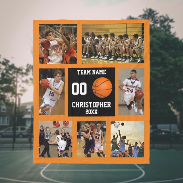 Cobertor De Velo Colagem de fotos de basquete Laranja (Basketball photo collage Orange Fleece Blanket)