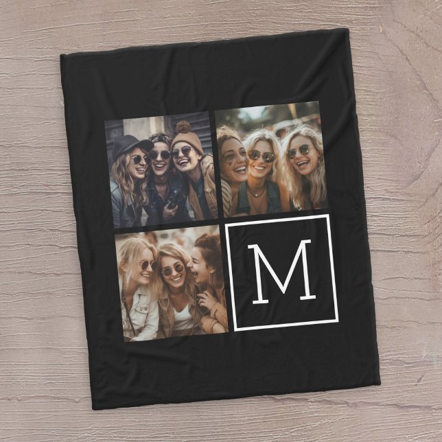 Cobertor De Velo Colagem de Fotos de Tendência Preta e Branca com M (3 Photo personalized blanket)