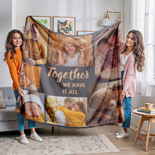Cobertor De Velo Colagem de Fotos Familiares Castanho Juntos Têm Tu (Together we have it all fleece blanket personalized with your photos)