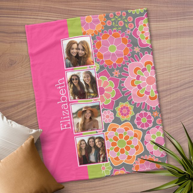 Cobertor De Velo Colagem de Fotos Flores Funky Rosa Laranja (Personalized Fleece Blanket)
