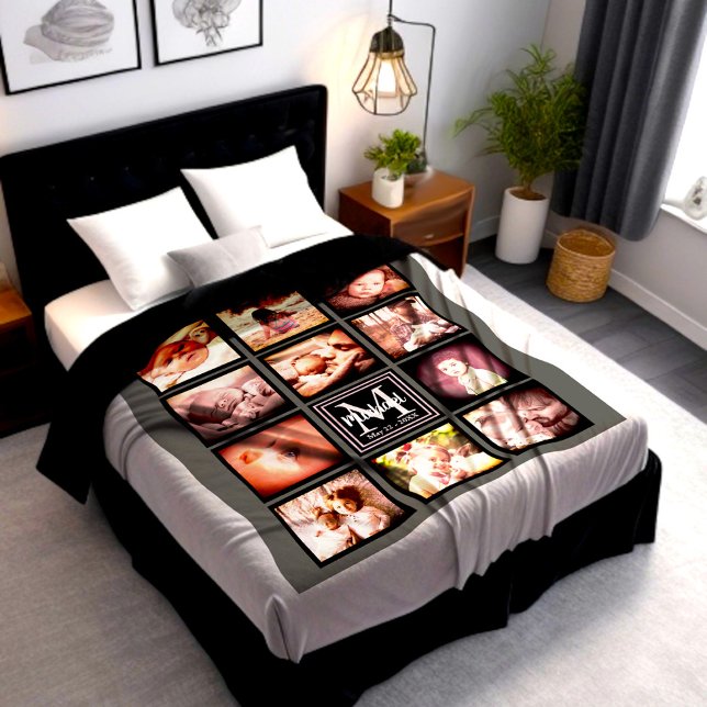 Cobertor De Velo Colagem de fotos personalizada monograma inicial (Personalized photo collage blanket with name initial monogram)