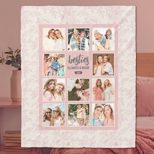 Cobertor De Velo Colagem de Fotos Rosa BFF de Besties Elegante com  (A pretty, pink feminine best friend photo collage blanket. A perfect gift for a birthday.)
