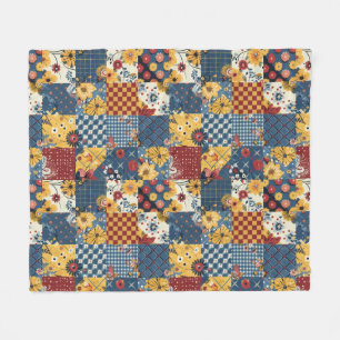 Cobertor De Velo Colcha Azul Amarela Vermelha em Patchwork Xadrez F