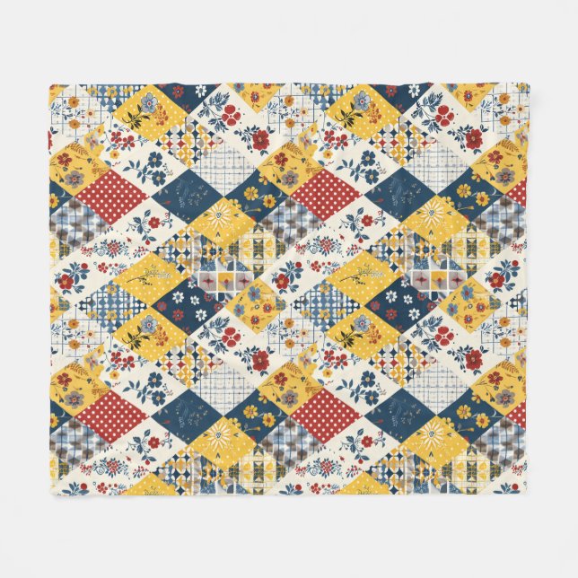 Cobertor De Velo Colcha Azul Amarela Vermelha em Patchwork Xadrez F (Frente (Horizontal))