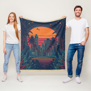 Cobertor De Velo Colorida Silhueta Urbana em Estilo Retrô Futurista