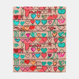 Cobertor De Velo Corações coloridos, como esboços, e fitas monogram