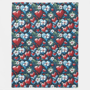 Cobertor De Velo Corações de Natal Florais em Azul Vermelho e Verde