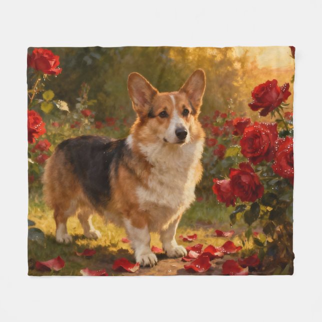 Cobertor De Velo Corgi nas Rosas V (Frente (Horizontal))