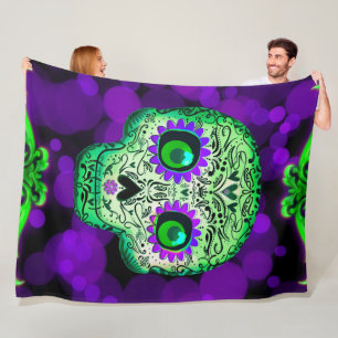 Cobertor De Velo Cranio de Açúcar Brilhante Verde e Roxo de Hallowe