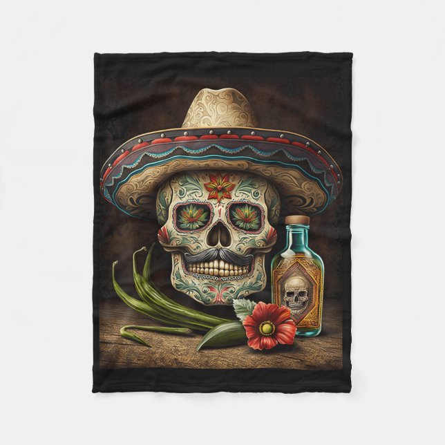 Cobertor De Velo Crânio Mexicano Tequila Sombrero Cinco De Mayo (Frente)