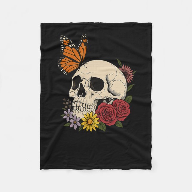 Cobertor De Velo Cránios Borboleta Monarca Flores Halloween Homens  (Frente)