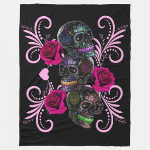 Cobertor De Velo Crânios de Rosas Rosas no Dia dos Mortos Preto Tri