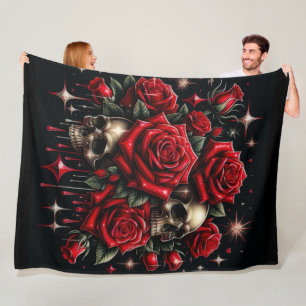 Cobertor De Velo Crânios Dourados & Rosas Vermelhas Brilham com Gla