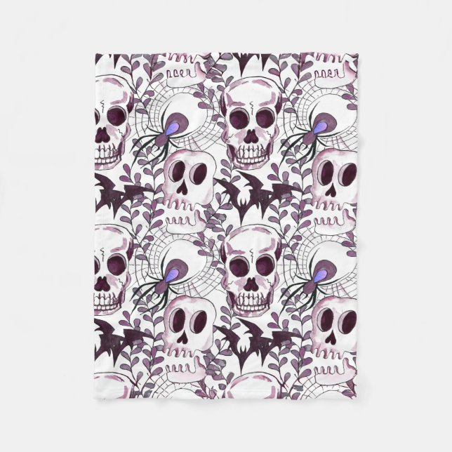 Cobertor De Velo crânios, morcegos e aranhas roxos (Frente)